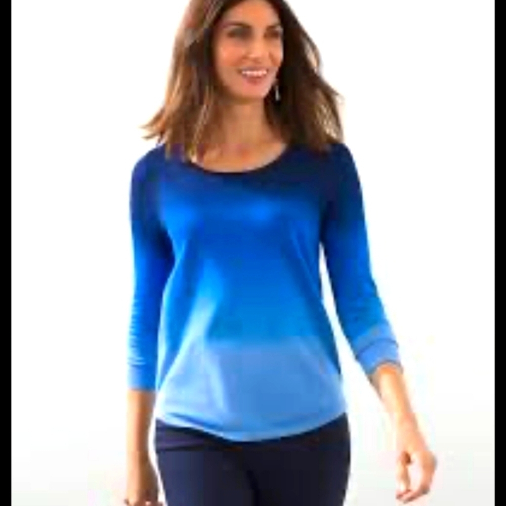 Chico’s Sweater Womens 2 Blue Ombre Pullover Scoop Neck Long Sleeve-